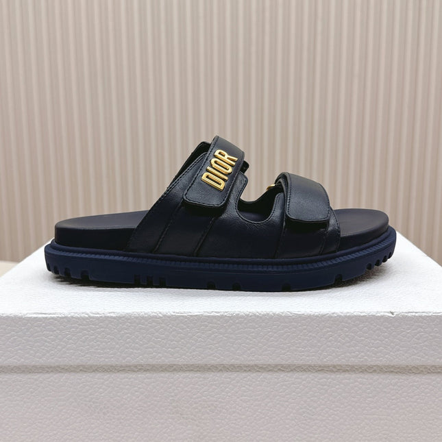 DIOR CLASSIC DOUBLE-STRAP SLIDES 25S IN MIDNIGHT BLUE CALFSKIN